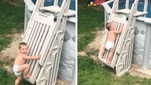 美国两岁幼童攀爬泳池扶梯身手敏捷　引起父母警觉