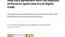 英国与韩国达成协议，将允许共享两国的互联网数据
